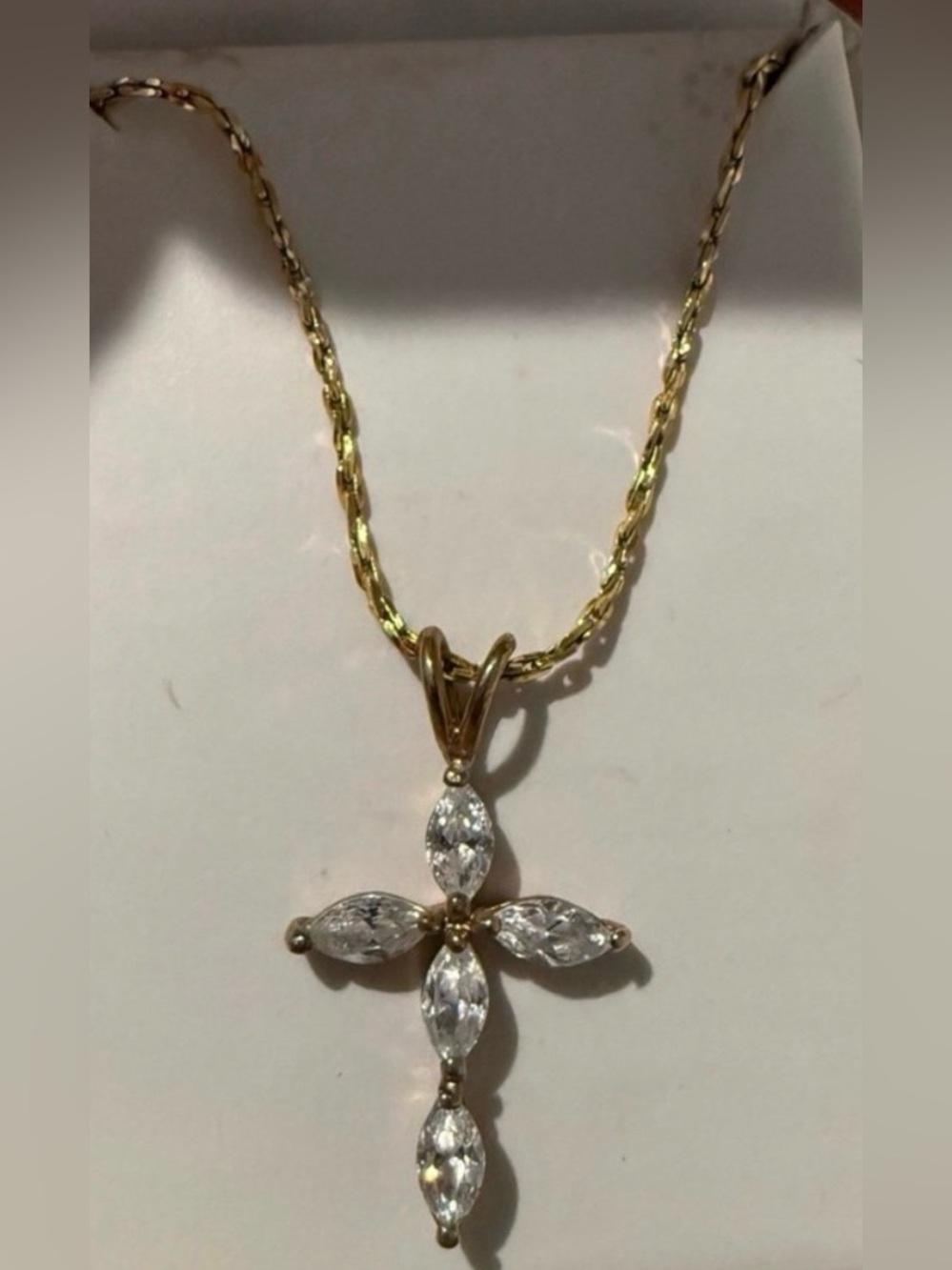 New Gold Tone CZ Cross Pendant Necklace Marquise Crystal Stones